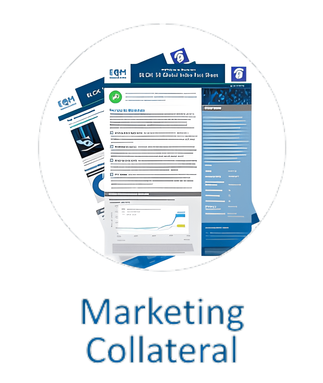 Marketing collateral documents and graphics display.